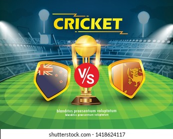 Australia vs shrilanka Cricket Championship banner with winning golden trophy and stadium background