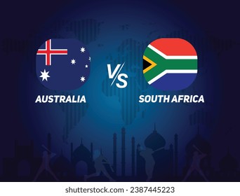 "Australia vs South Africa" cricket match flag design on Indian skyline for Cricket World tournament. Vector illustration sports match template or banner. Editable EPS format.