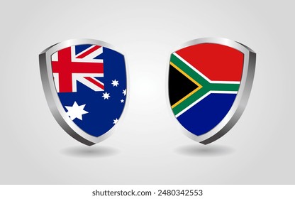 Escudos de la bandera de Australia vs Sudáfrica en un fondo blanco, Ilustración vectorial de la competición del campeonato de cricket