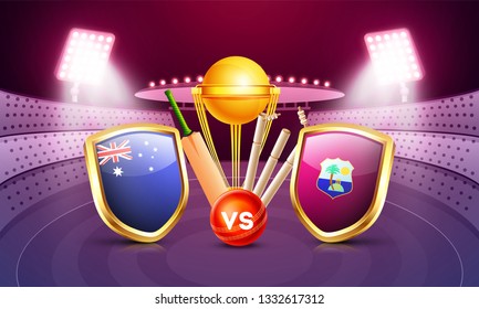 Australia vs West indies cricket match poster design with countries flag shields, champion trophy, cricket bat and ball illustration on night stadium view background.  