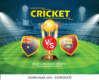 Australia vs West Indies Cricket Championship banner with winning golden trophy and stadium background