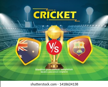 Australia vs West Indies Cricket Championship banner with winning golden trophy and stadium background