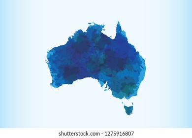 Australia watercolor map vector illustration in blue color on light background using paint brush on paper