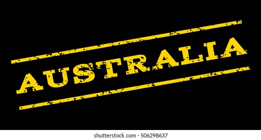 Australia watermark stamp. Text Tag between parallel lines with grunge design style. Rubber seal stamp with scratched texture. Vector yellow color ink imprint on a blue background.