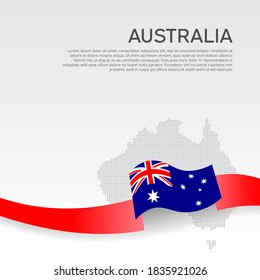 Australia wavy flag and mosaic map on white background. Wavy ribbon color flag of australia. Business booklet. National poster. Vector patriotic design. State australian banner, flyer