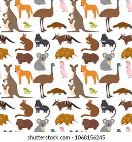 Australia wild animals cartoon popular nature characters seamless pattern background flat style mammal collection vector illustration.