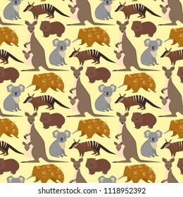 Australia wild animals cartoon popular nature characters seamless pattern background flat style mammal collection vector illustration.