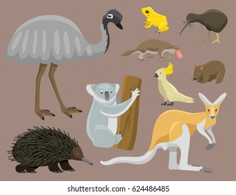 Australia wild animals cartoon popular nature characters flat style mammal collection vector illustration.