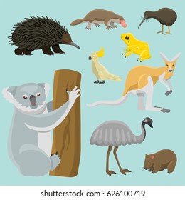 Australia wild animals cartoon popular nature characters flat style mammal collection vector illustration.