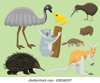 Australia wild animals cartoon popular nature characters flat style mammal collection vector illustration.