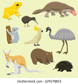 Australia wild animals cartoon popular nature characters flat style mammal collection vector illustration.