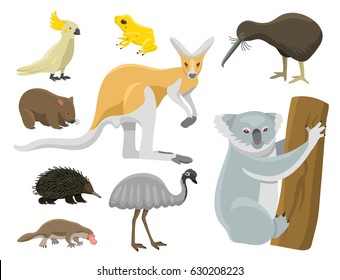 Australia wild animals cartoon popular nature characters flat style mammal collection vector illustration.