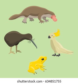Australia wild animals cartoon popular nature characters flat style mammal collection vector illustration.