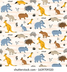 Australia wild animals seamless pattern background - cute kangaroo, koala, wombat, quokka, platypus, echidna,and tasmanian devil characters