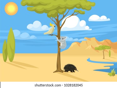 Australia wild background landscape animals cartoon popular nature flat style australian native forest vector illustration.