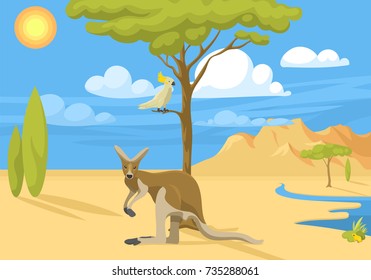 Australia wild background landscape animals cartoon popular nature flat style australian native forest vector illustration.