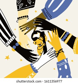 Australia wildfires print. Pray for Australia. Save Australia concept.Flat design Vector illustration. Hands of diverse group of people putting together.