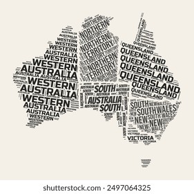 Australia Word Cloud. Country with regions division. Australia typographic text clouds vector image design. Vintage gazette style country shape image. Elegant vector illustration.