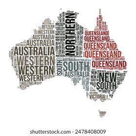 Australia Word Cloud. Country shape with region division. Australia typography style image. Region names tag clouds. Vector illustration.