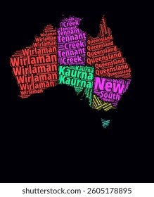 Australia word cloud. Region names of the country in the English language. Bright neon style design on a dark background. Australia shape with administrative division. Stylish vector illustration.