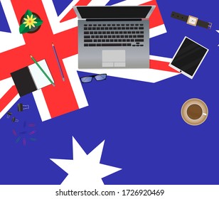 Australia work from home top view. Stay at home with self quarantine to help stop outbreak and protect Covid-19 spread.