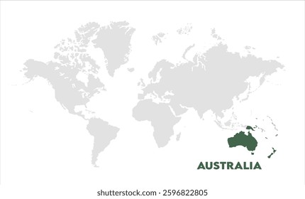 Australia in world map-01, Map of Australia, highlighted on the world map, Australia on the world map, Satellite view, Australia location on the globe.