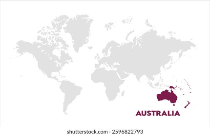 Australia in world map-07, Map of Australia, highlighted on the world map, Australia on the world map, Satellite view, Australia location on the globe.