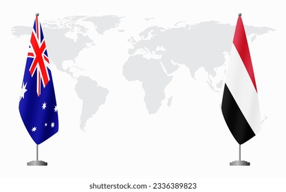 Australia and Yemen flags for official meeting against background of world map.