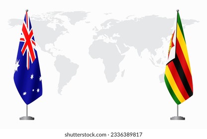 Australia and Zimbabwe flags for official meeting against background of world map.