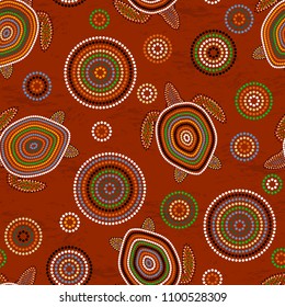 Australian Aboriginal Art. Point drawing. Sea turtles. Seamless pattern. Background brown