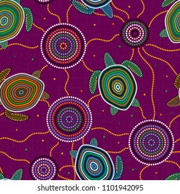 Australian Aboriginal Art. Point drawing. Sea turtles and jellyfish. Seamless pattern. Purple background