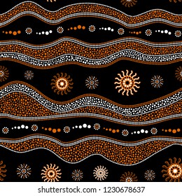 Australian aboriginal art seamless vector pattern with white and orange dotted circles, rings, suns and crooked stripes on black background