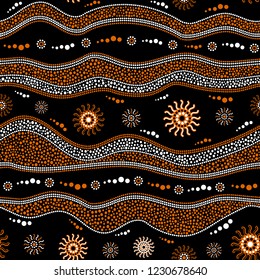 Australian aboriginal art seamless vector pattern with white and orange dotted circles, rings, suns and crooked stripes on black background