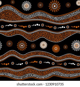 Australian aboriginal art seamless vector pattern with white and orange dotted circles, rings, suns and crooked stripes on black background