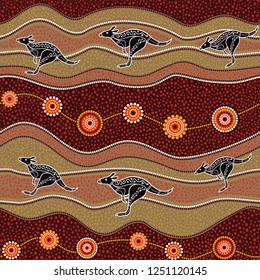 Australian aboriginal art seamless vector pattern with multicolored typical kangaroo, dotted circles, rings and crooked stripes on dark burgundy background