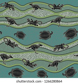 Australian aboriginal art seamless vector pattern with multicolored kangaroo, lizard, turtle and dotted crooked stripes on grey background