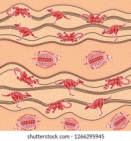 Australian aboriginal art seamless vector pattern with multicolored kangaroo, lizard, turtle and dotted crooked stripes on pink and milky background