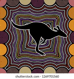Australian aboriginal art seamless vector pattern with multicolored dotted circles, kangaroo and crooked stripes on black background