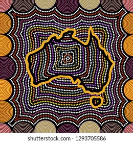 Australian aboriginal art seamless vector pattern with multicolored dotted circles, Australia map and crooked stripes on black background