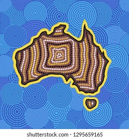 Australian aboriginal art seamless vector pattern with blue dotted circles, multicolored Australia map and crooked stripes