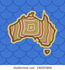 Australian aboriginal art seamless vector pattern with blue dotted circles, multicolored Australia map and crooked stripes