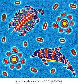 Australian aboriginal art seamless vector pattern with colorful dolphin, turtle and other typical elements on dotted background or texture