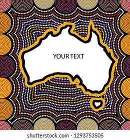 Australian aboriginal art vector pattern with multicolored dotted circles, crooked stripes on black background and white Australia map template with copy space