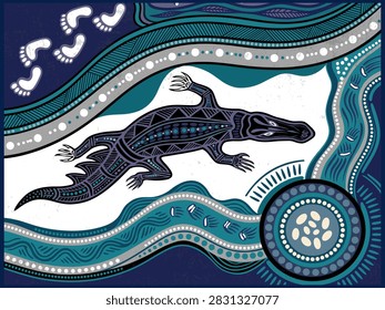 Australian Aboriginal crocodile vector illustration with traditional blue river dot art