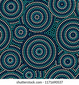 Australian aboriginal dot art circles abstract geometric seamless pattern in blue and white, vector