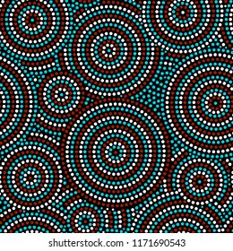 Australian aboriginal dot art circles abstract geometric seamless pattern in brown and blue, vector