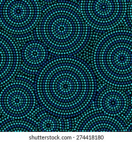 Australian aboriginal geometric art concentric circles seamless pattern in blue and black, vector