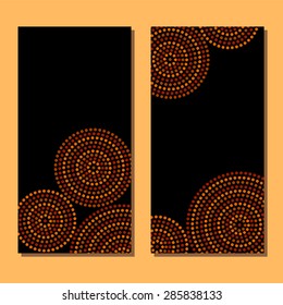 Australian aboriginal geometric art concentric circles in orange brown and black, two cards set, vector