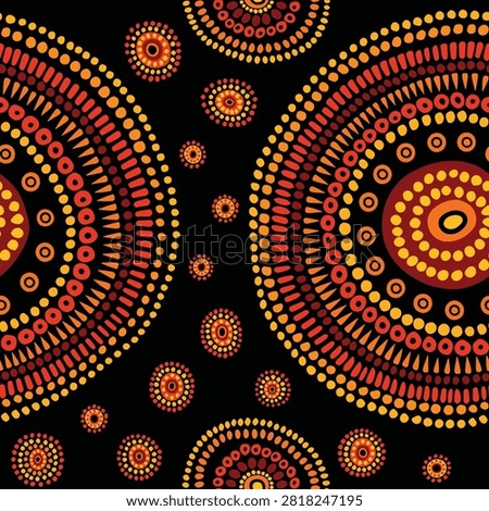 Australian aboriginal indigenous abstract seamless vector pattern with red, orange and yellow dotted circles on black background