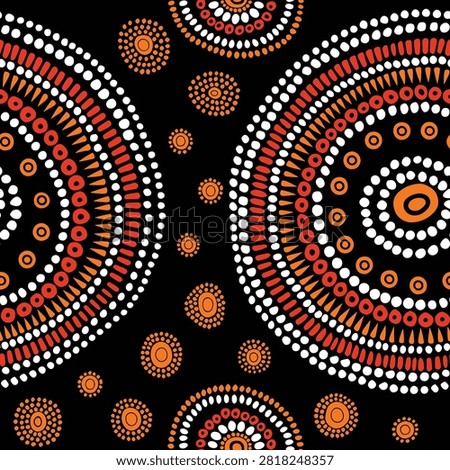 Australian aboriginal indigenous abstract seamless vector pattern with red, orange and white dotted circles on black background